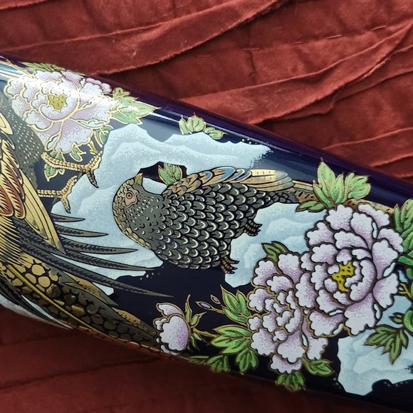 DARK BLUE & GOLD JAPANESE VASE-PEACOCKS & PINK FLOWERS-9 1/2" TALL - Picture 2 of 16